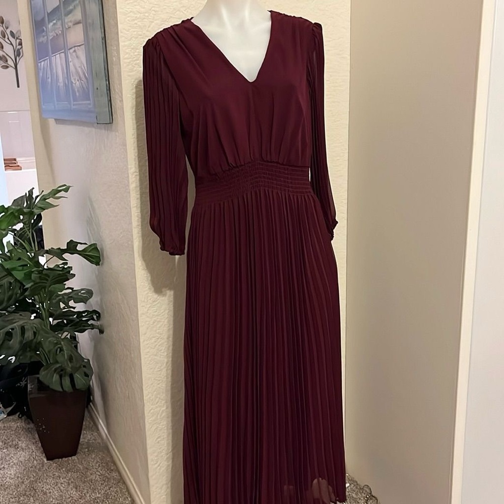 Taylor Burgundy Pleated Dress